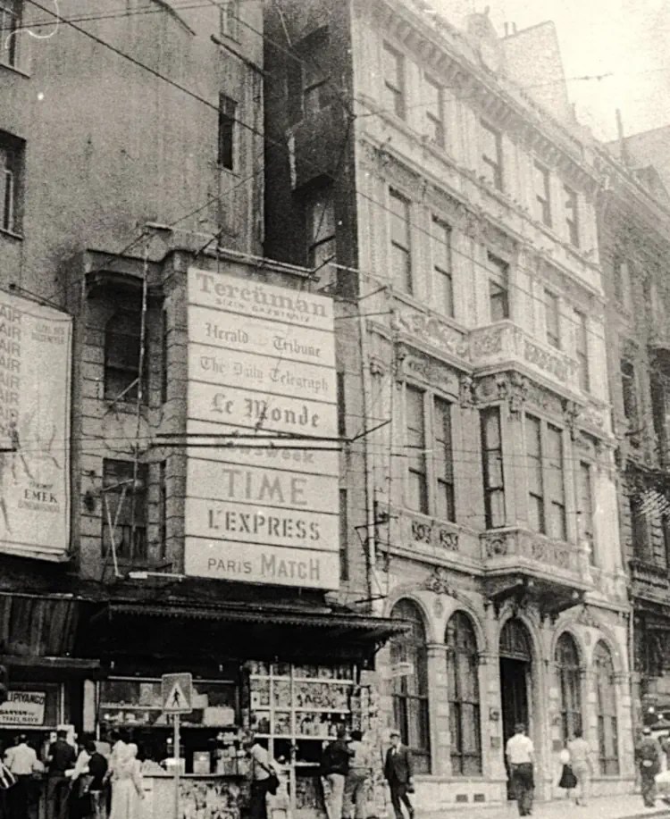 Historical photograph of the Galatasaray Post Office on Istiklal Avenue, Beyoglu, Istanbul