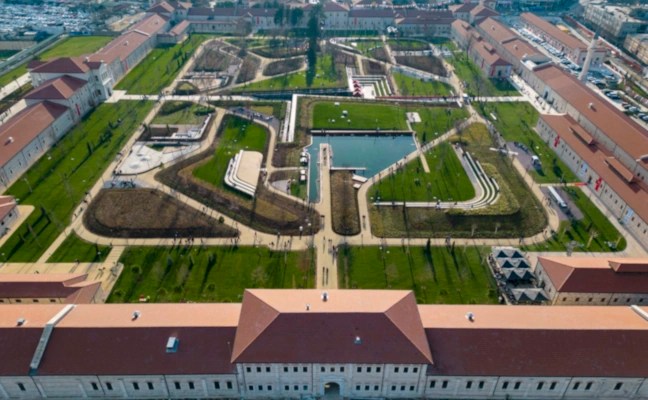 An aerial view of the Rami Library complex in Istanbul, showing a large central courtyard