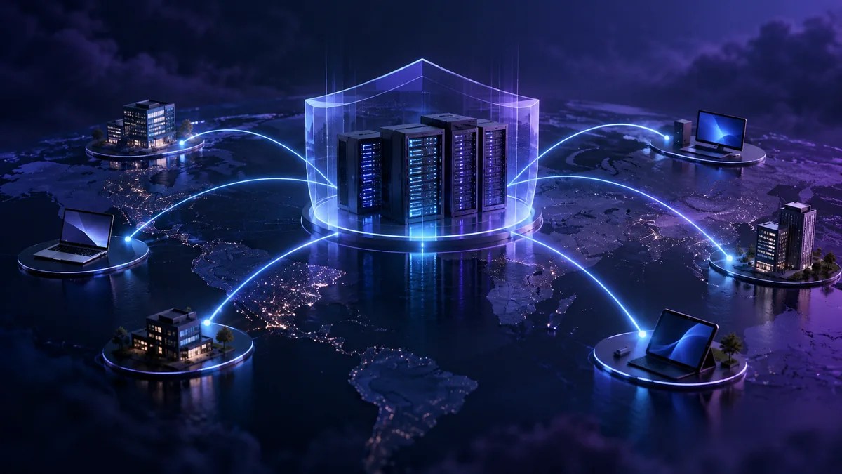 Illustration of protected enterprise servers connected to remote office endpoints for a BeyondTrust Remote Support security article