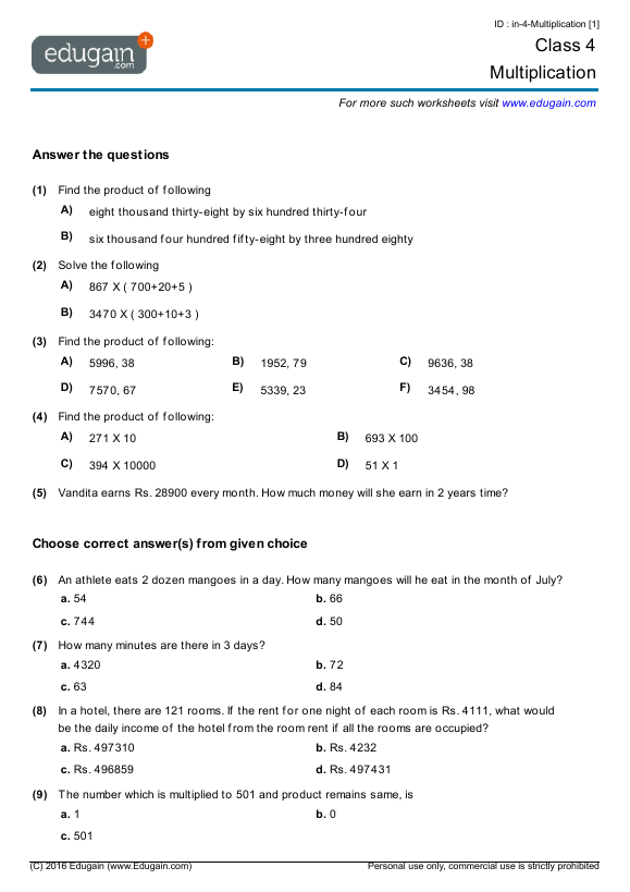 grade 4 multiplication math practice questions tests worksheets quizzes assignments edugain italy