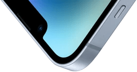 The top-left corner of an iPhone 14 with a Ceramic Shield front.