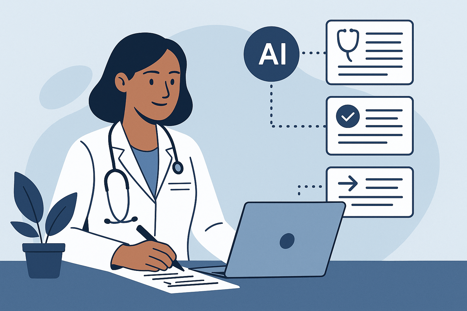 Illustration of a physician using her computer while the AI generates medical documents such as clinical summaries, certificates and referral letters.