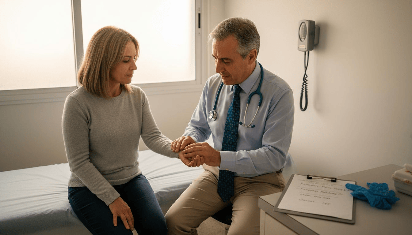 The endocrinologist performs a physical examination on the patient