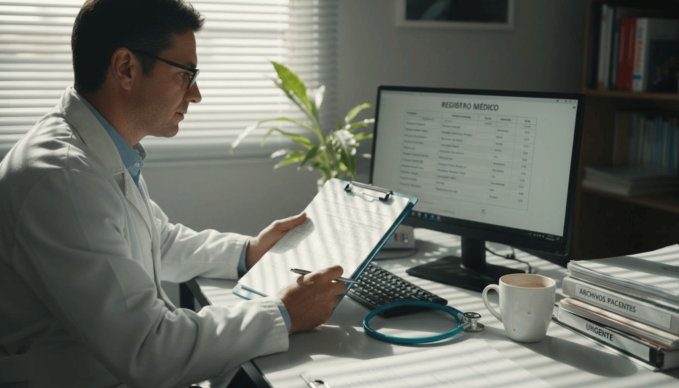 A doctor carefully reviews a to-do list on their consultation desk.
