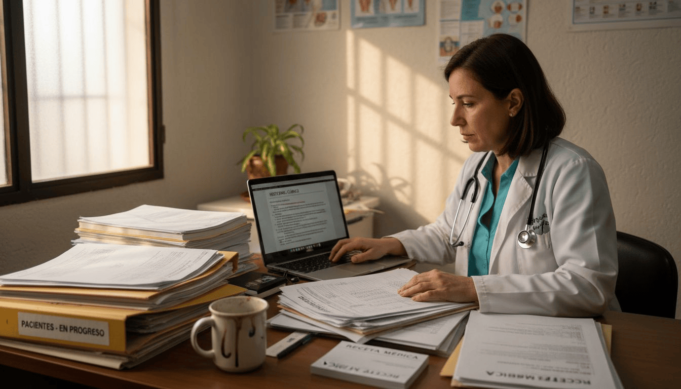 The doctor reviews and organizes the patient's medical record at their desk.