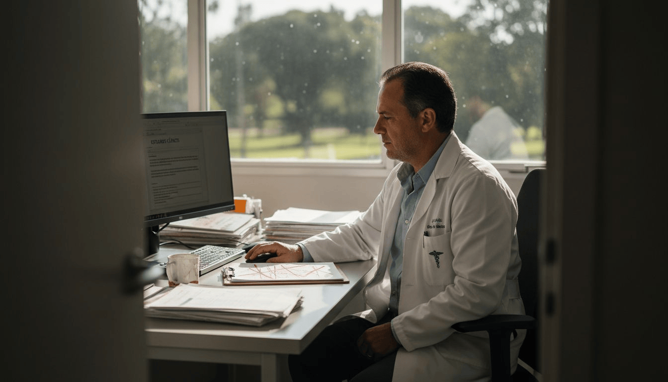 Médico analisando informações médicas em seu consultório