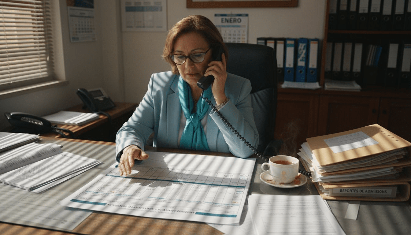 El administrador del hospital revisa los horarios en su escritorio.