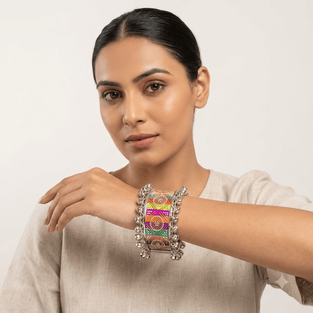 Multicolour Handcrafted Silver-Tone Bell Bangle (Single)