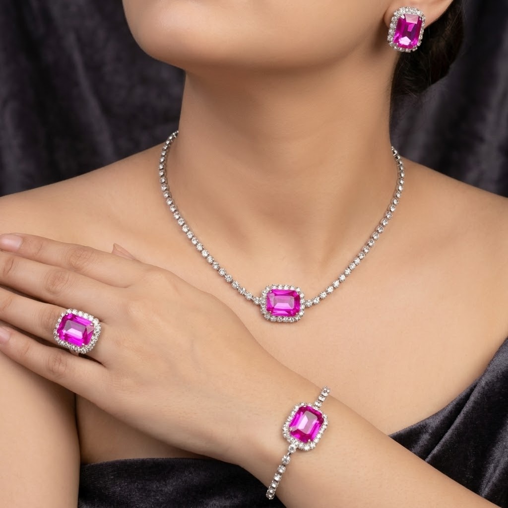 Pink Crystal American Diamond Necklace Set