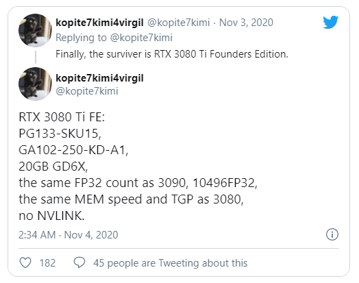 Видеокарта NVIDIA GeForce RTX 3080 Ti может получить 10496 CUDA ядер, 20 ГБ памяти GDDR6X и TGP 320 Вт