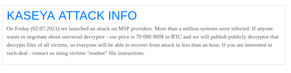 Связанные с Россией хакеры REvil требуют выкуп в сумме $70 млн за разблокировку данных пострадавших клиентов Kaseya