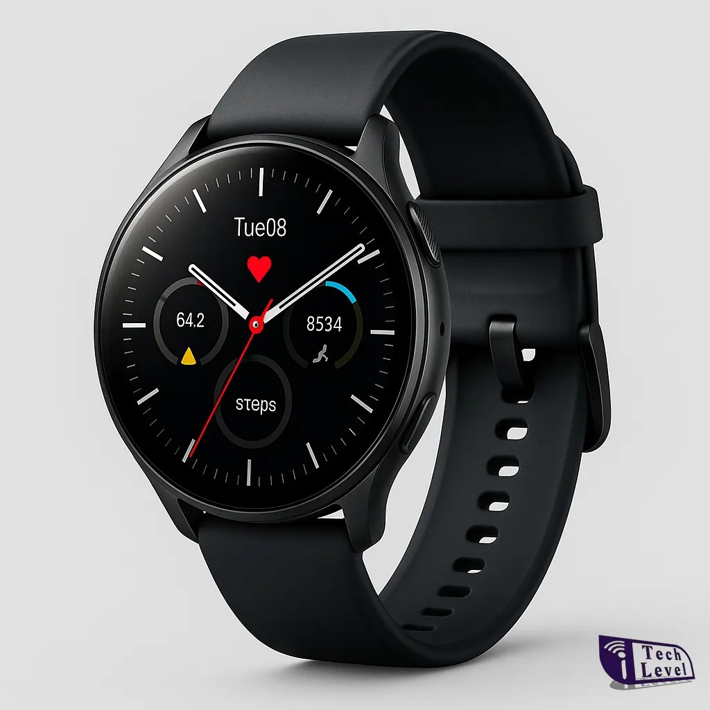 Round‑face smartwatch with black strap displaying heart‑rate and step metrics. Description: sleek smartwatch with circular display and silicone strap, showing health and fitness stats.