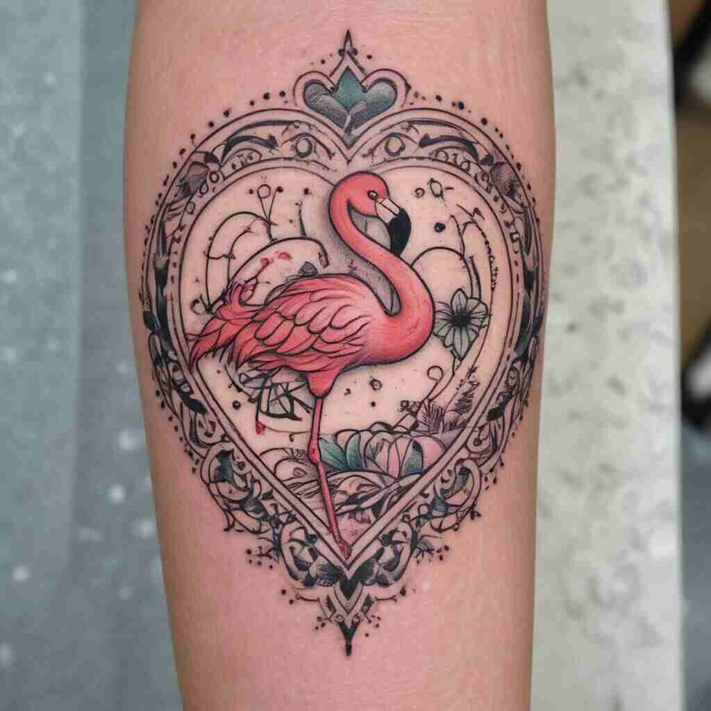 A flamingo in a heart frame with playful patterns on the forearm tattoo