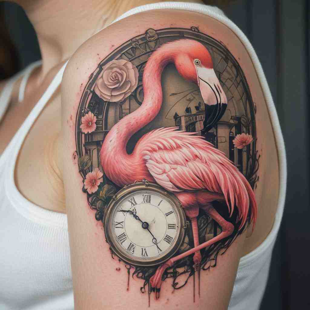 A flamingo with a clock symbolizing elegance and timelessness on the shoulder tattoo