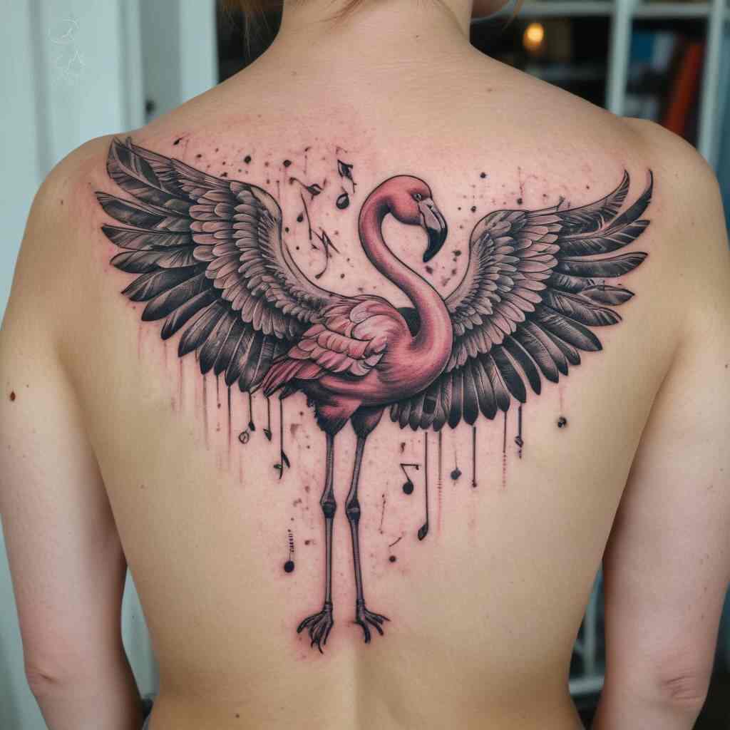 A flamingo with wings made of musical notes on the shoulder tattoo