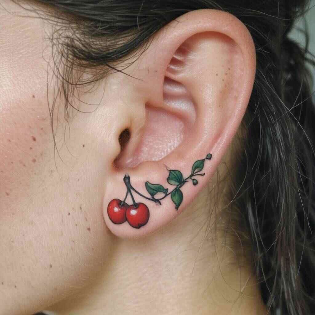 Behind the Ear Cherry Tattoo