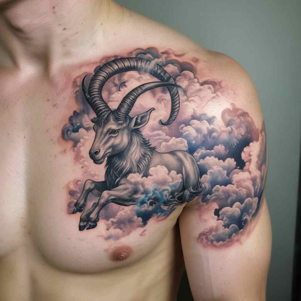 Capricorn with Dreamy Clouds Tattoo