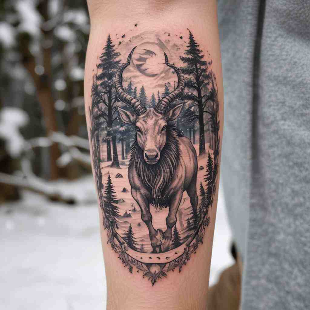 Capricorn with a Winter Scene tattoo