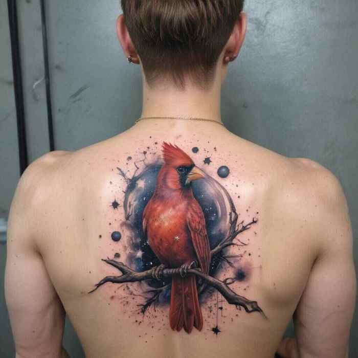 Cardinal Blending into Celestial Elements Like Stars and Galaxies tattoo