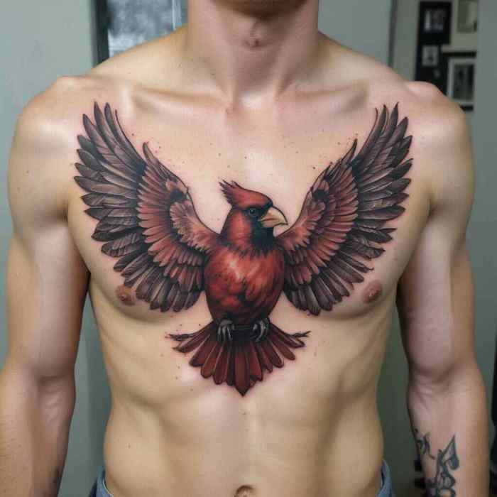 Cardinal Chest Piece with Expansive Wings Tattoo