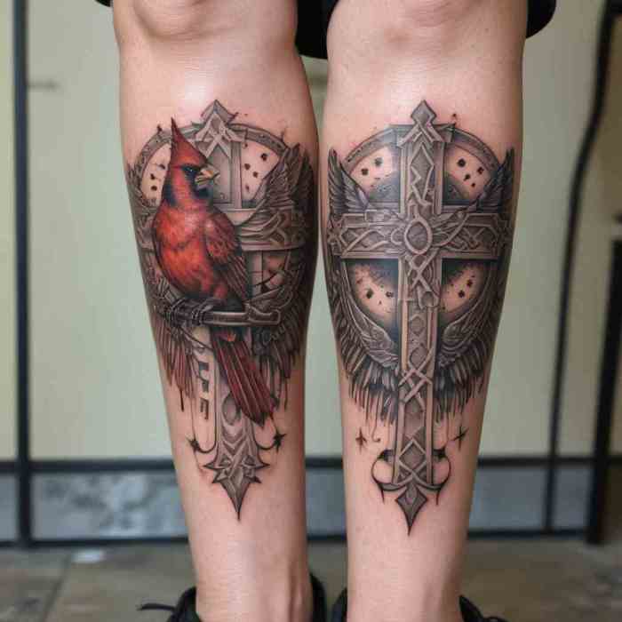 Cardinal Paired with Spiritual Symbols Like Crosses or Angels tattoo