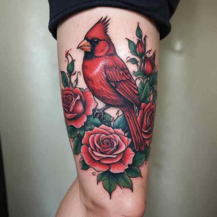 Cardinal with Roses and Bold Outlines Tattoo