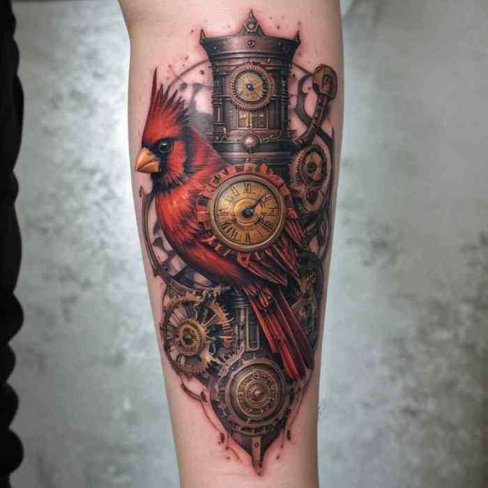Cardinal with a Steampunk Twist Tattoo
