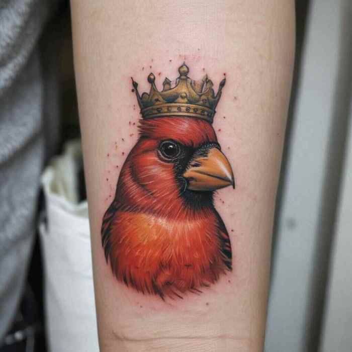 Cardinal with a Tiny Crown or Hat Tattoo