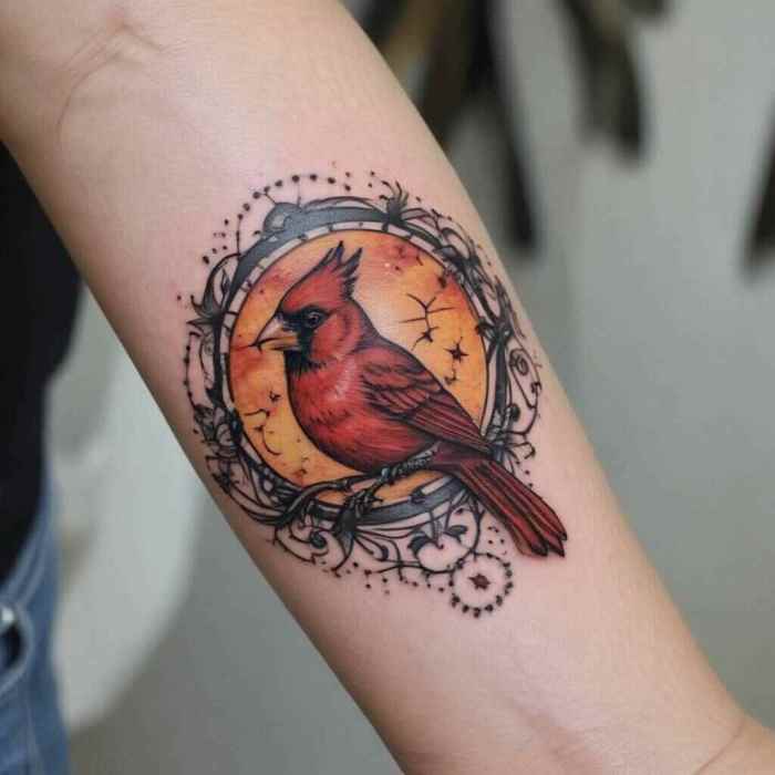 Cardinal with the Sun and Moon Symbolizing Balance tattoo