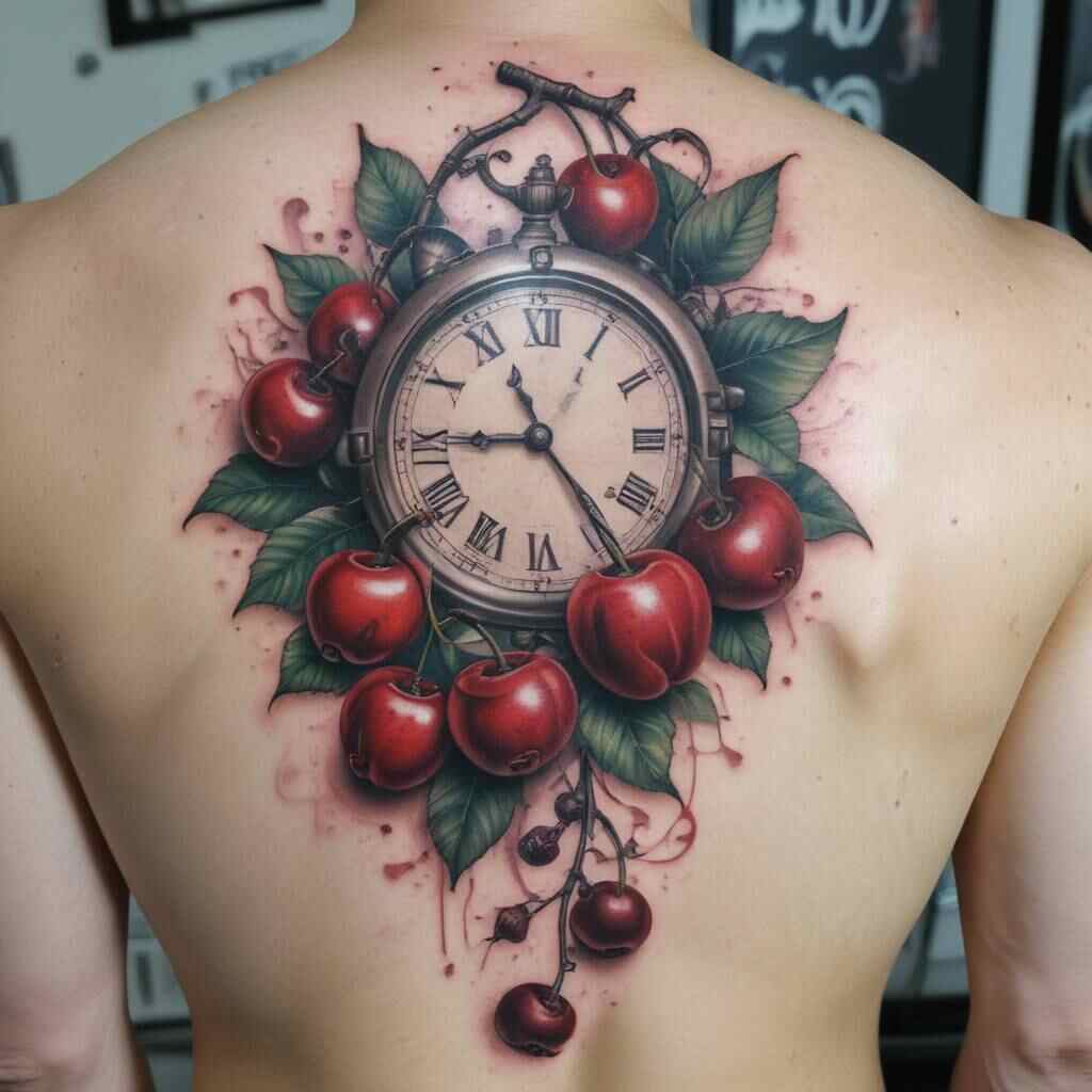 Cherries and Clock tattoo