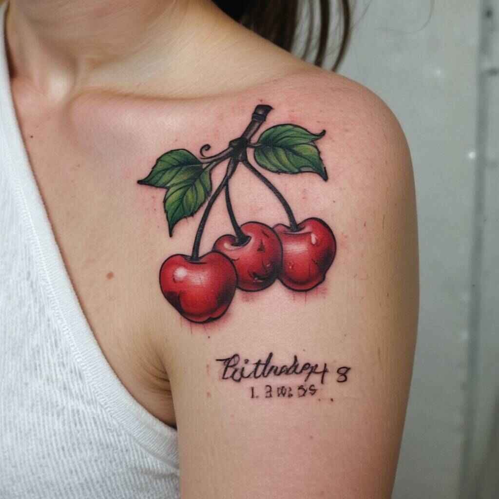 Cherry and Birthdate Tattoo