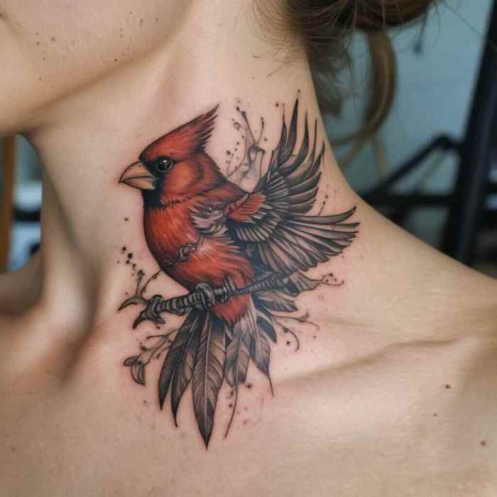 Close up of a Cardinal in Flight with Detailed Feathers Tattoo