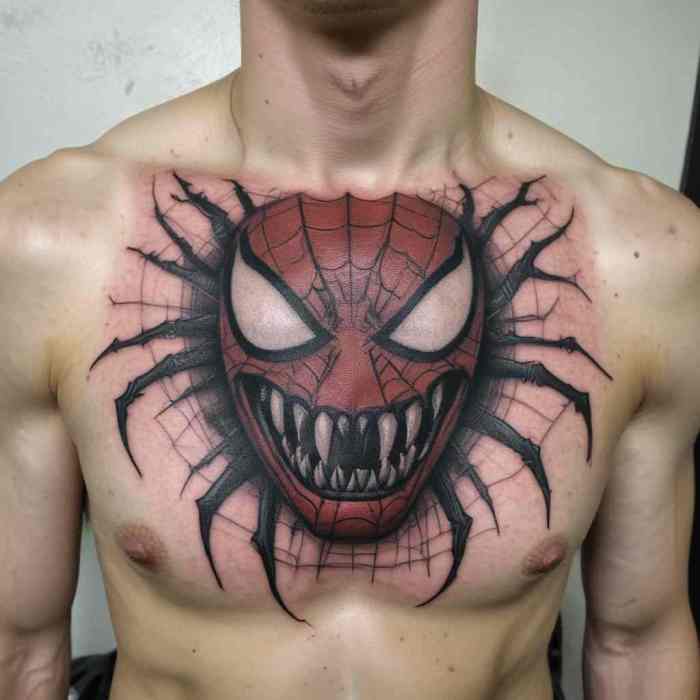 Creepy Spider Man with Fangs Tattoo