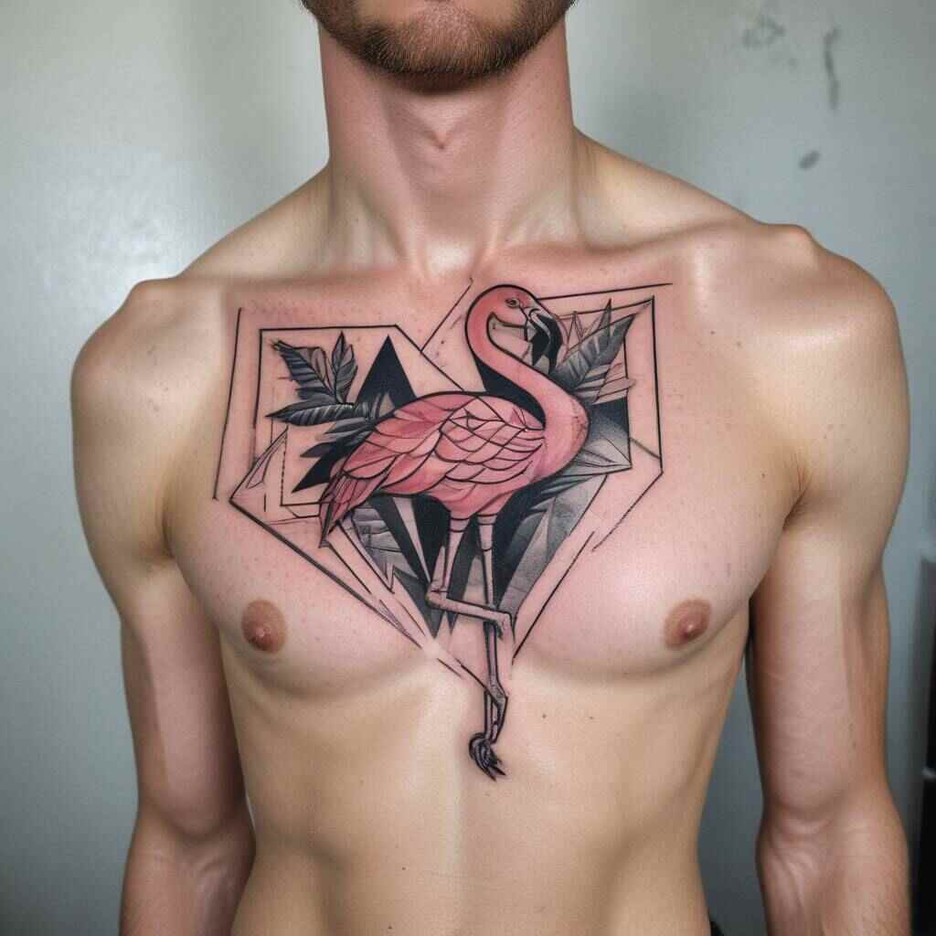 Cubist flamingo with sharp angular patterns on the chest Tattoo