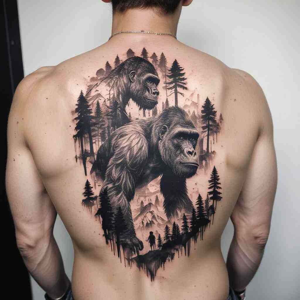 Double Exposure of a Gorilla and a Forest tattoo