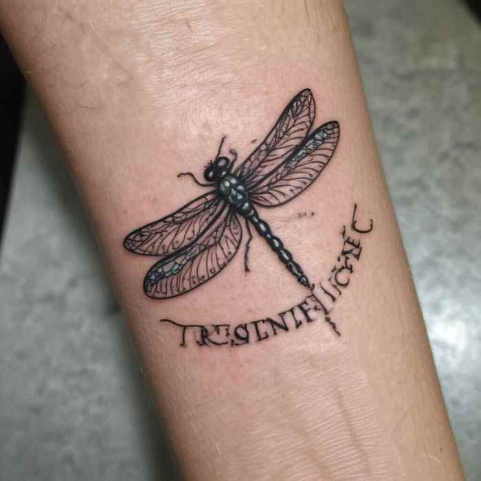 Dragonfly with the Word Resilience in Its Trail tattoo