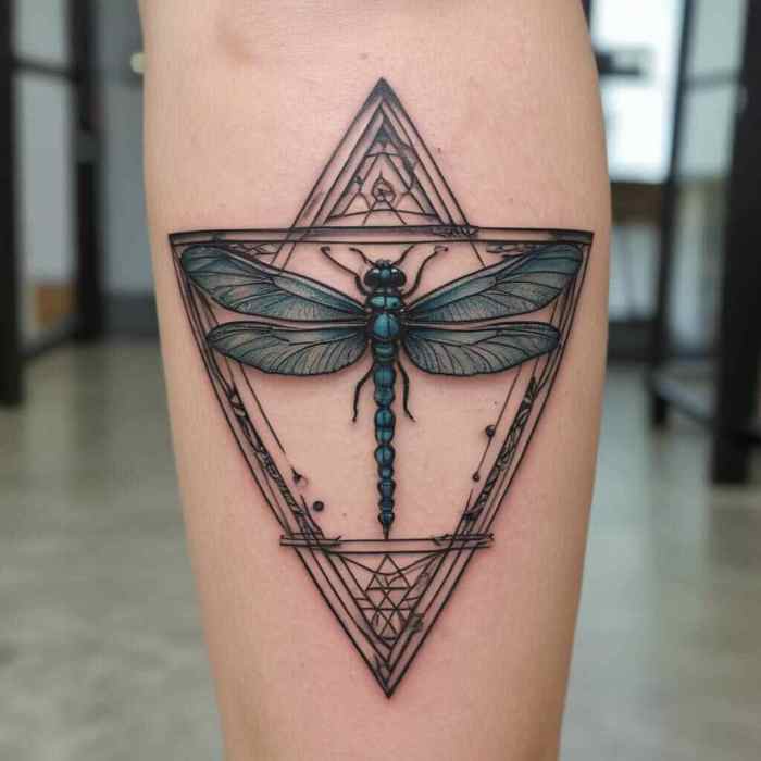 Dragonfly within a Triangle Frame Symbolizing Balance tattoo