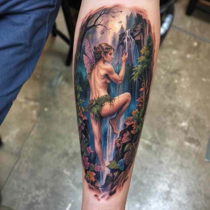 Fairy with a Waterfall Background tattoo