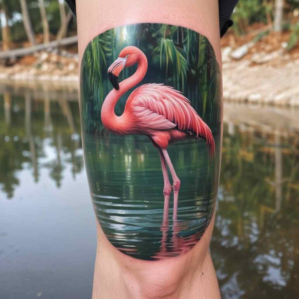 Flamingo Perched Gracefully with Water Reflections on the Thigh tattoo