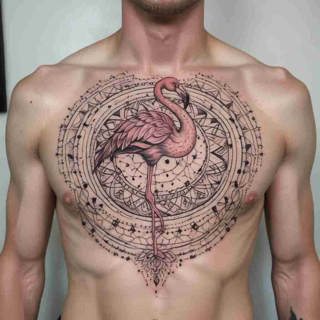 Flamingo formed with dots and lines in a mandala style on the back Tattoo