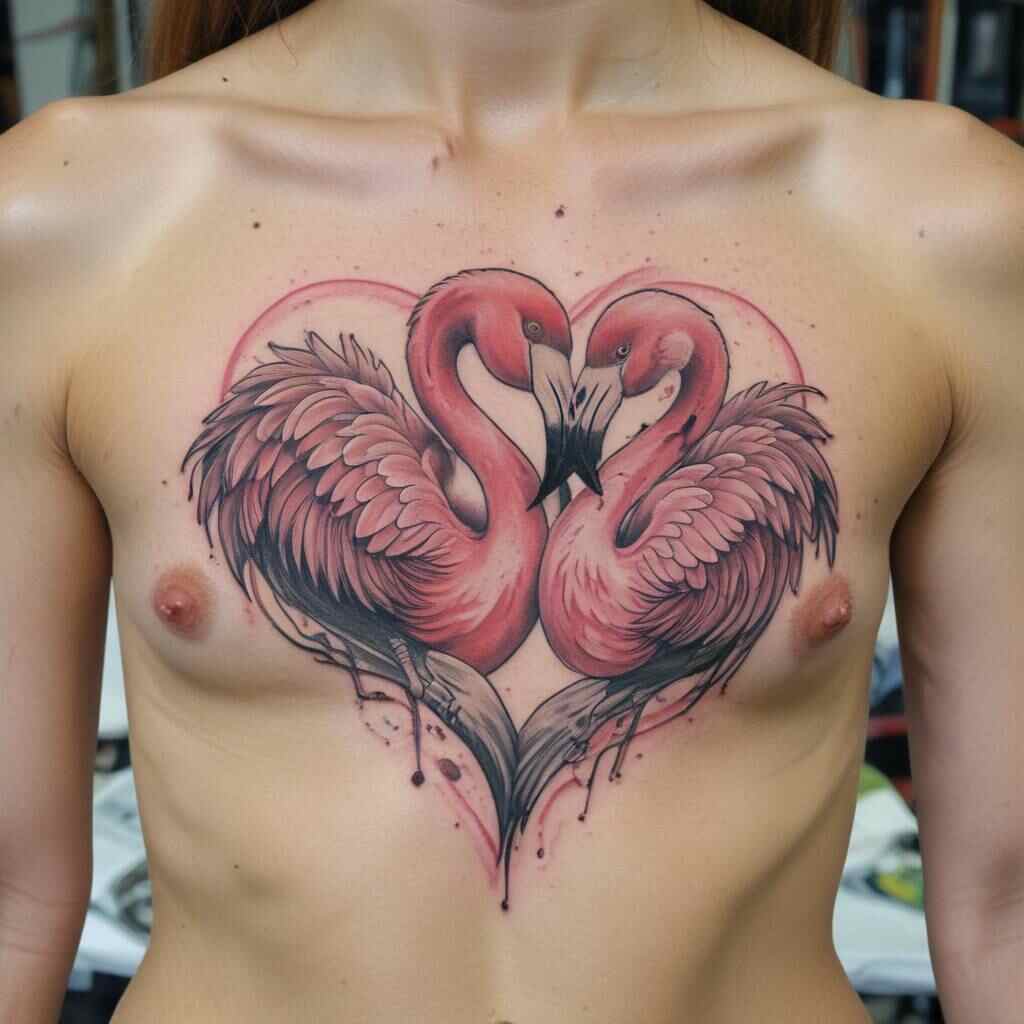 Flamingo forming a heart shape with another bird on the chest tattoo