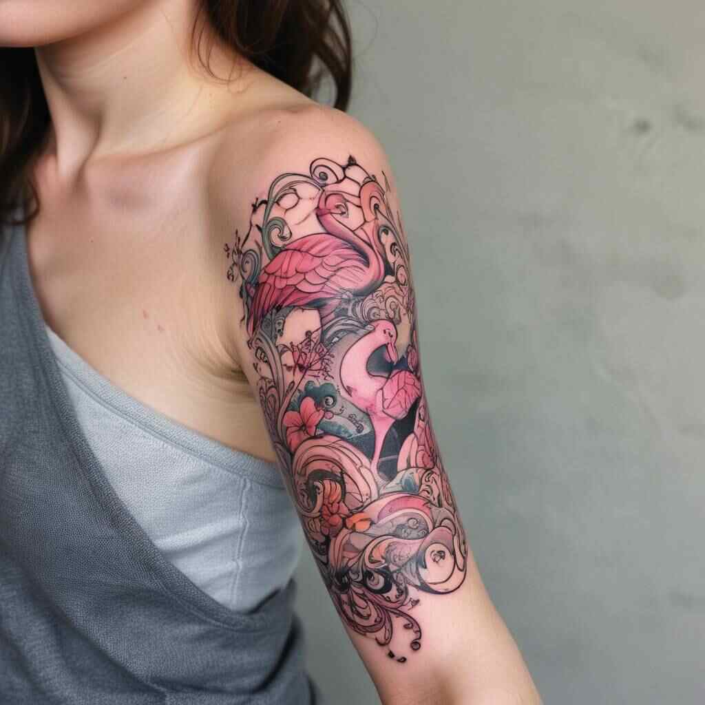 Flamingo merged with abstract waves and swirls on the upper arm tattoo