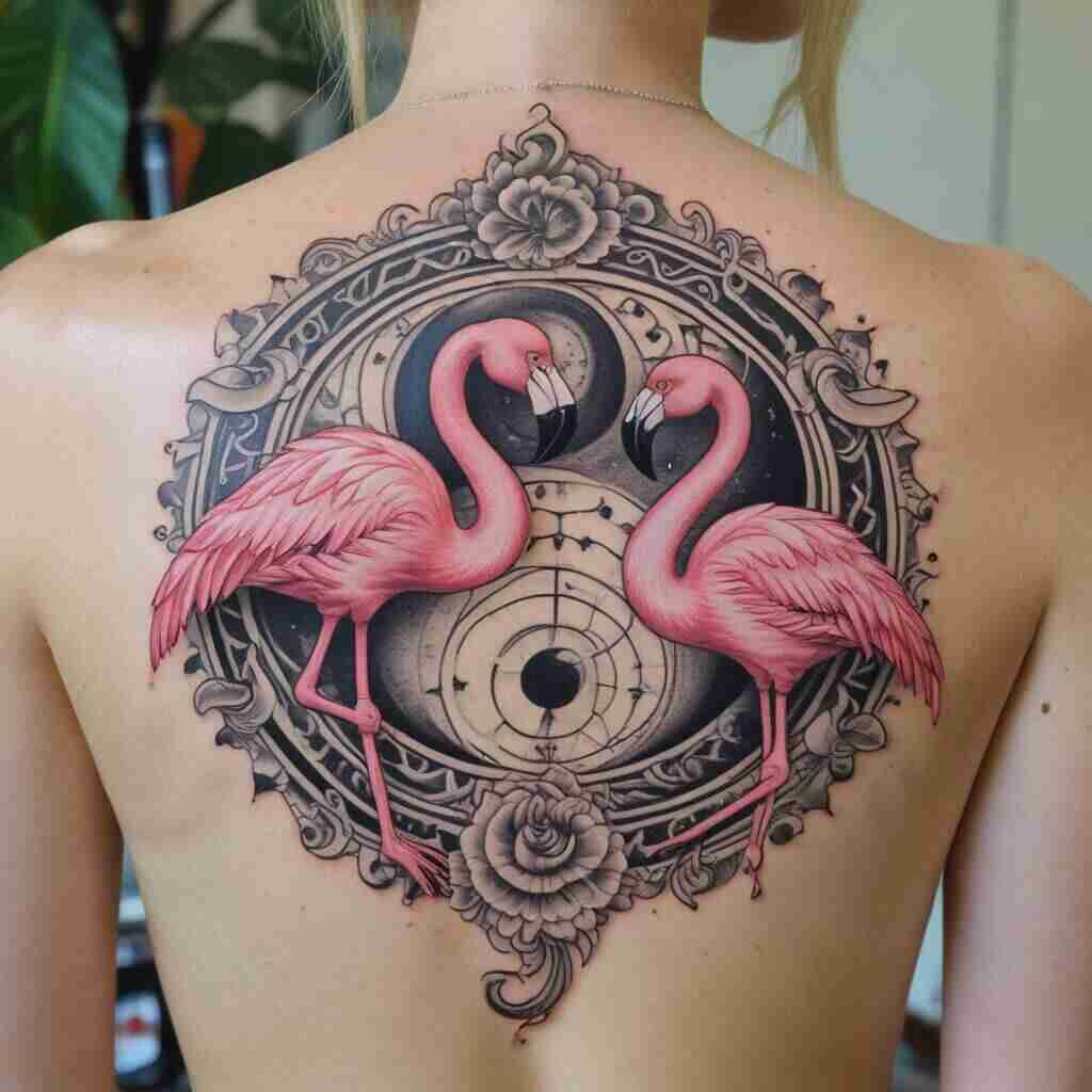 Flamingo paired with yin yang symbols for harmony on the back tattoo