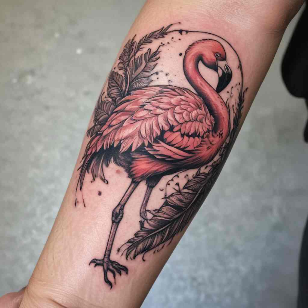 Flamingo with Detailed Feathers on the Upper Arm Tattoo