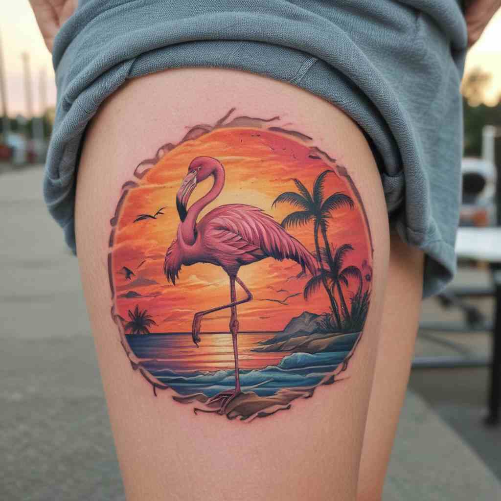 Flamingo with a Tropical Sunset Background on the Thigh tattoo