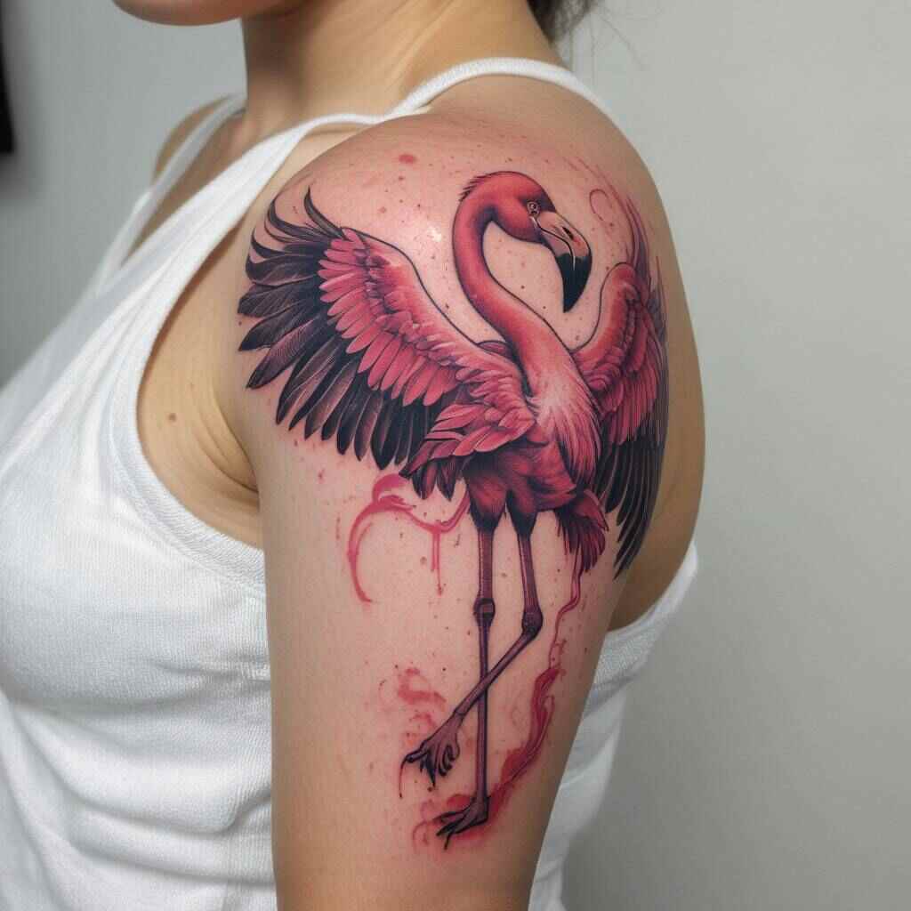 Flamingo with extended wings wrapping around the bicep tattoo