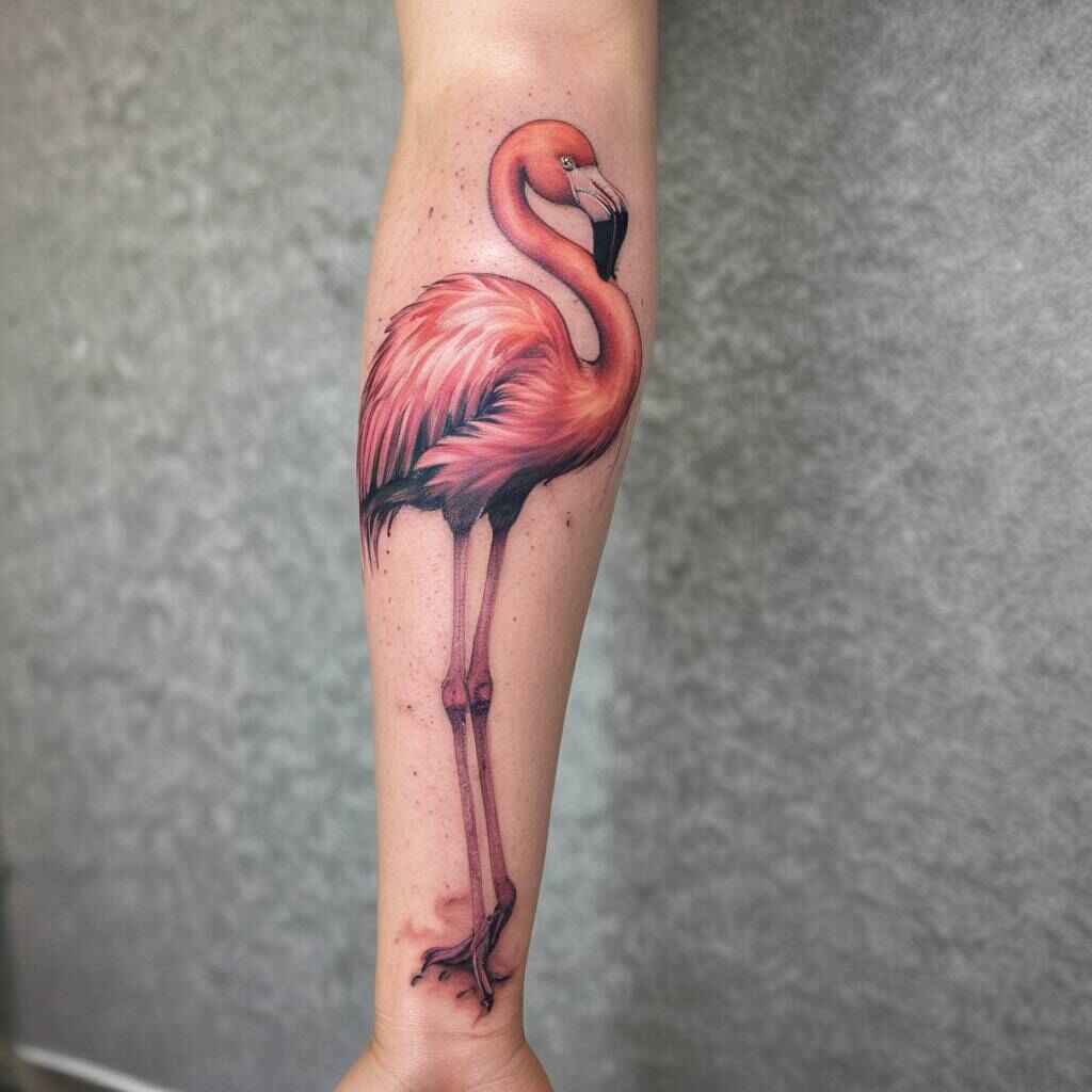 Flamingo with long legs extending down the forearm tattoo