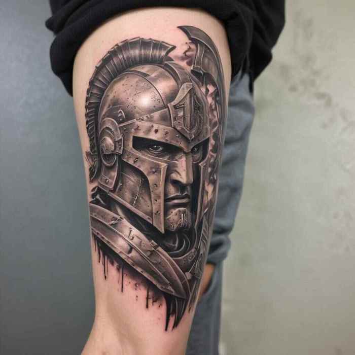 Full Arm Spartan Warrior Scene Tattoo