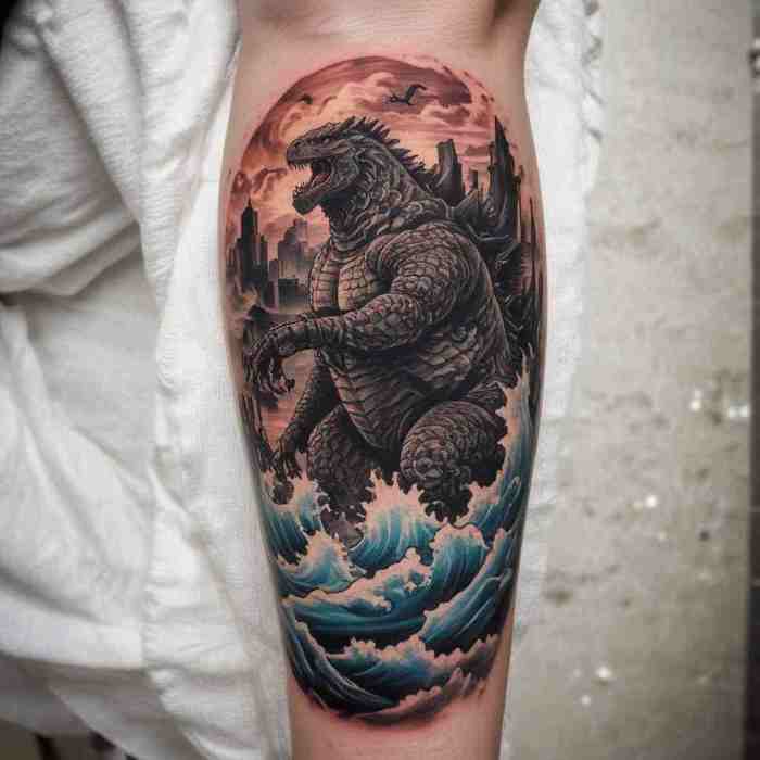 Godzilla Rising from the Ocean tattoo