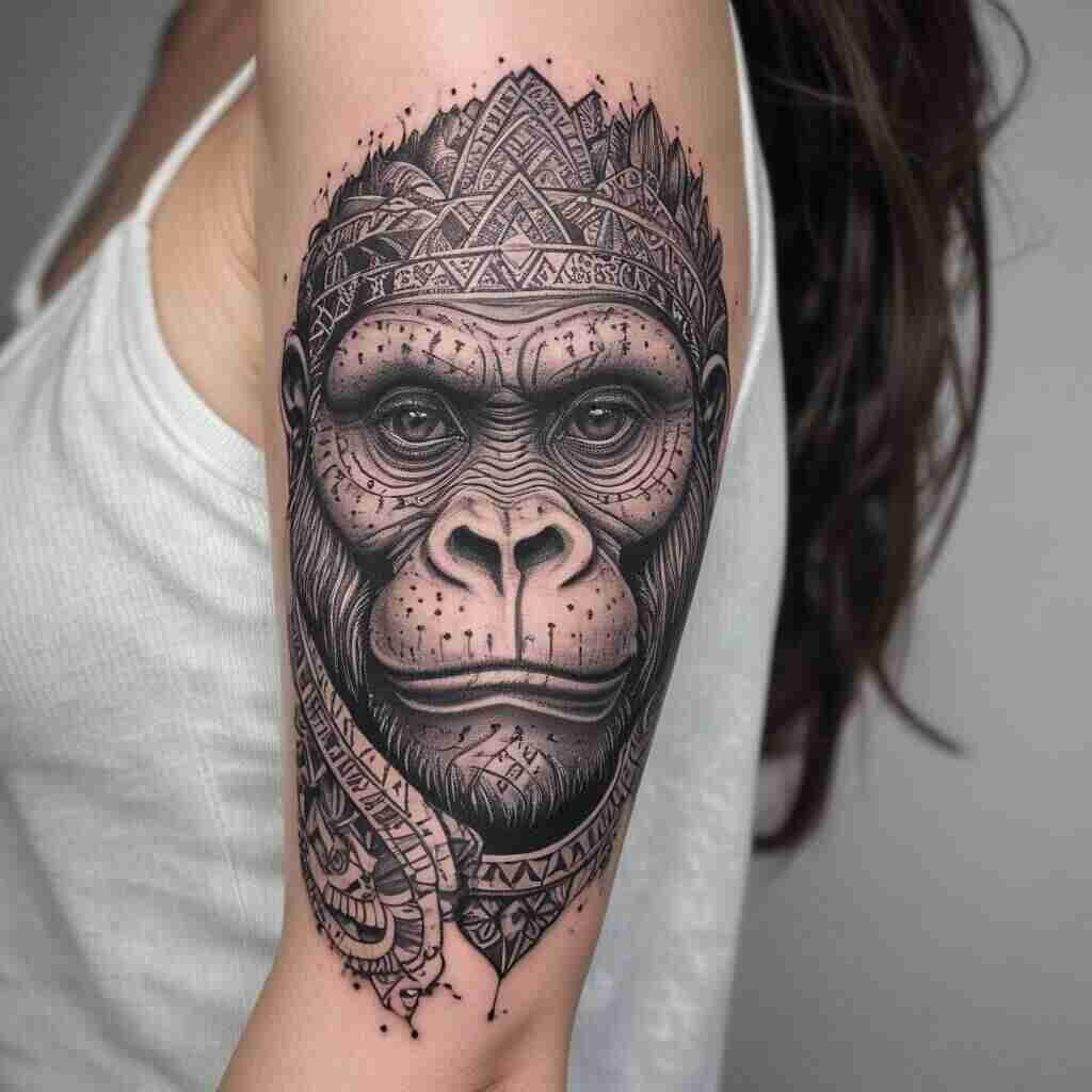 Gorilla in Tribal Style with Bold Intricate Patterns Tattoo